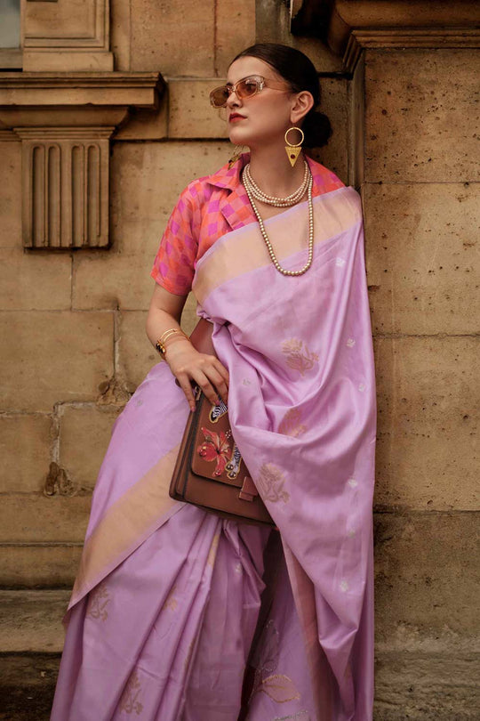 Jules Silk Lavender Block Print One Minute Saree