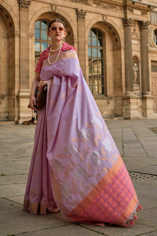 Jules Silk Lavender Block Print One Minute Saree