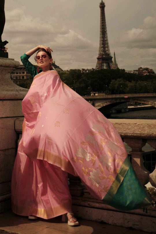 Jules Silk Pink Block Print One Minute Saree