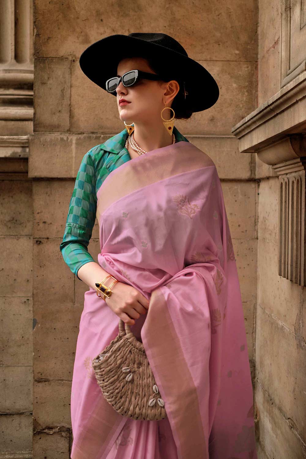 Jules Silk Pink Block Print One Minute Saree