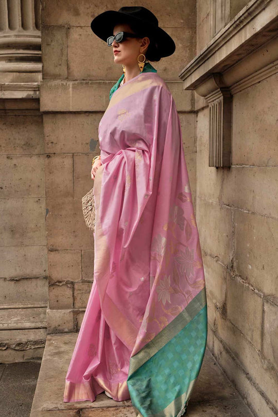Jules Silk Pink Block Print One Minute Saree