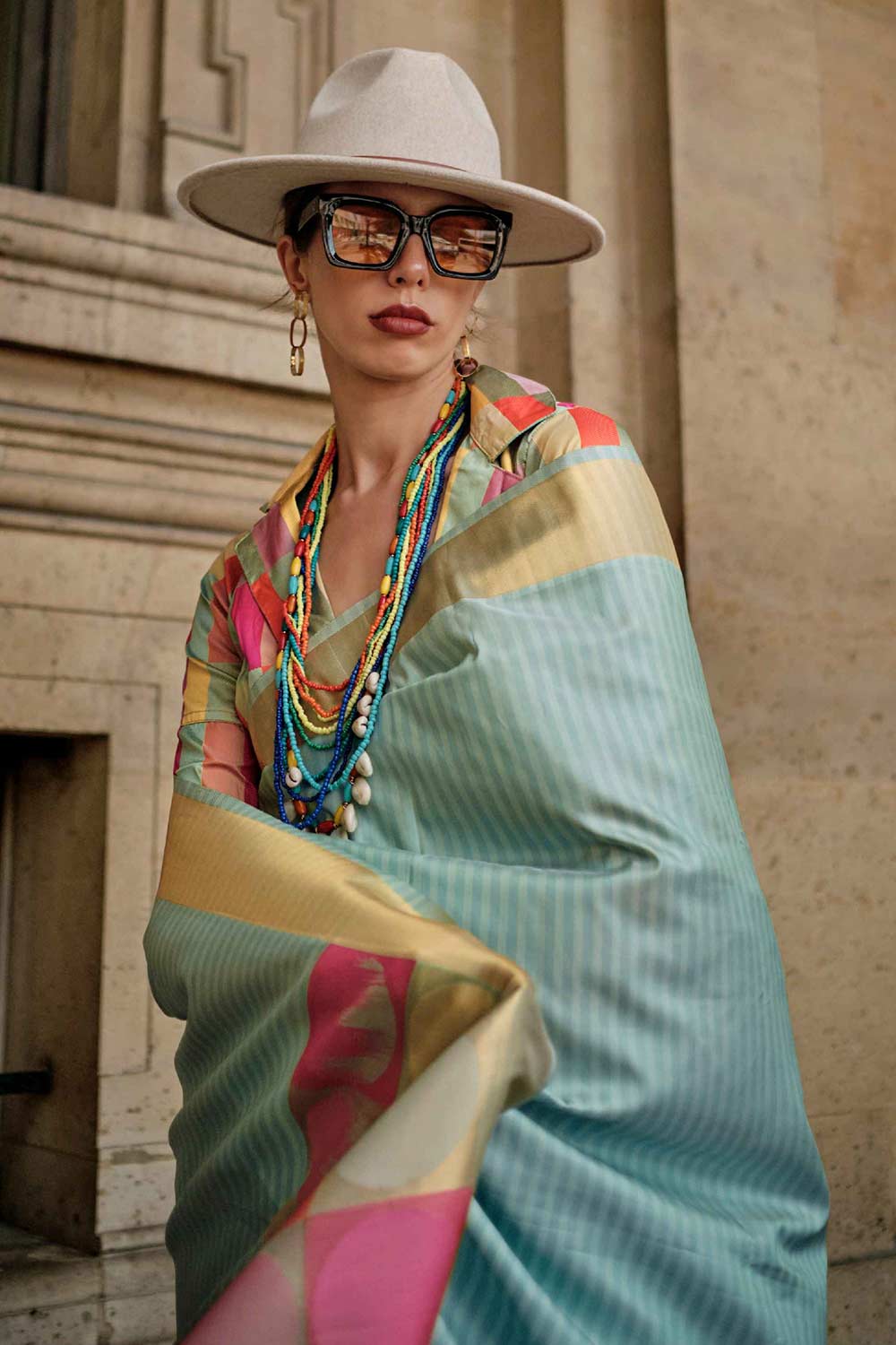 Jules Silk Blue Block Print One Minute Saree