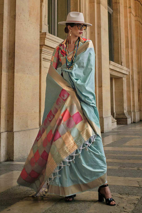 Jules Silk Blue Block Print One Minute Saree