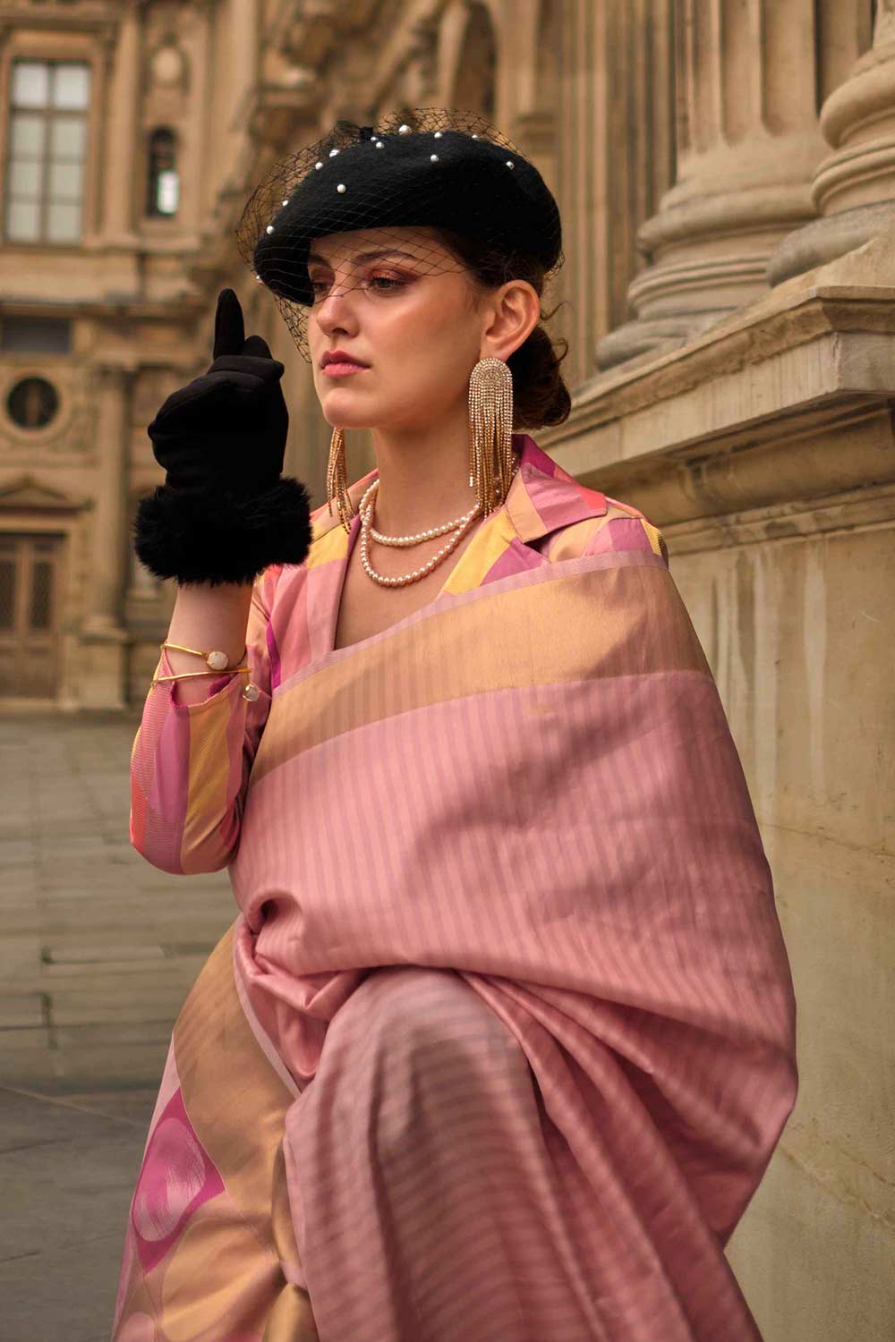 Jules Silk Pink Block Print One Minute Saree