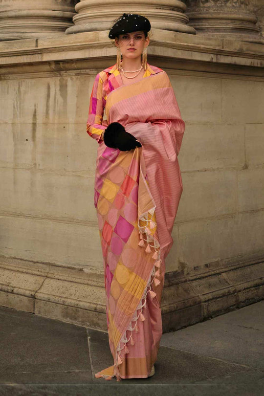 Jules Silk Pink Block Print One Minute Saree