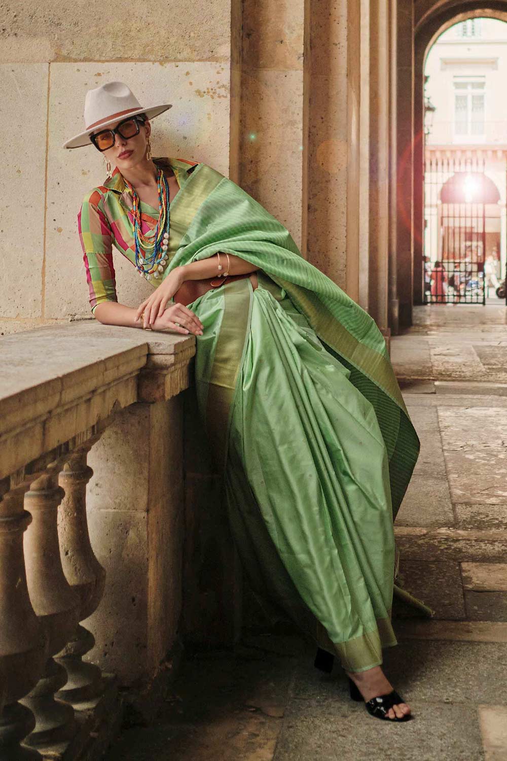 Jules Silk Green Block Print One Minute Saree