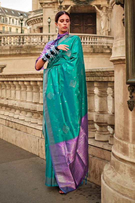 Katrina Silk Turquoise Block Print One Minute Saree