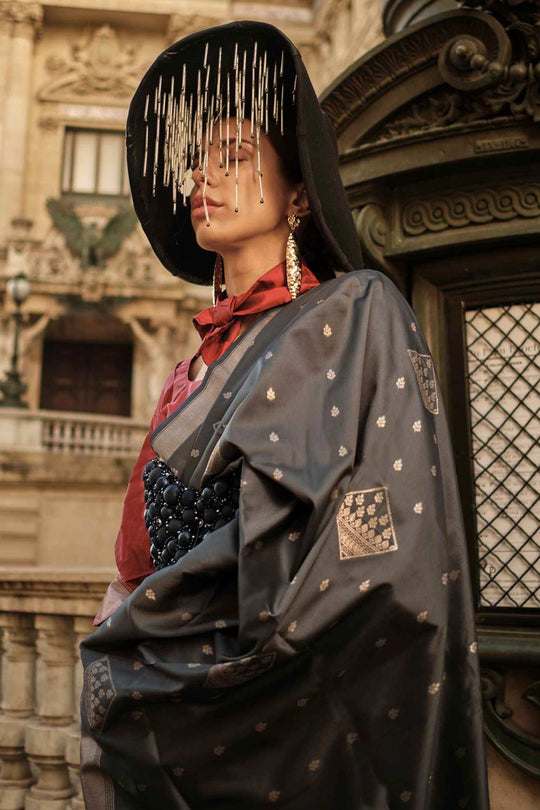 Katrina Silk Dark Grey Block Print One Minute Saree