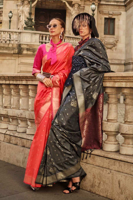 Katrina Silk Dark Grey Block Print One Minute Saree