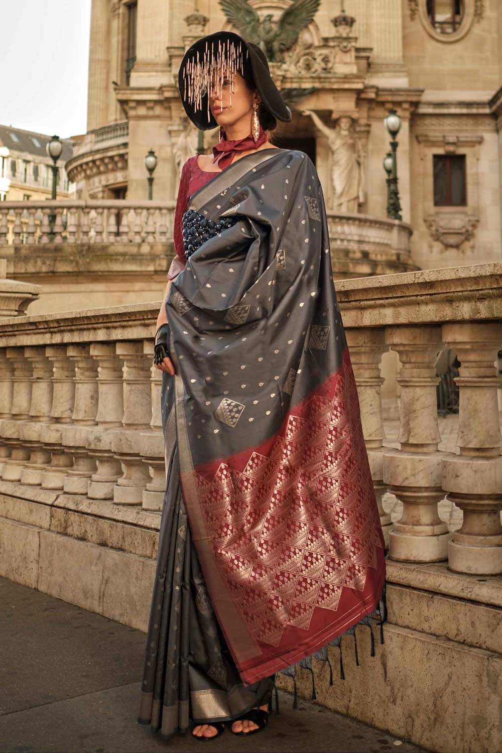 Katrina Silk Dark Grey Block Print One Minute Saree