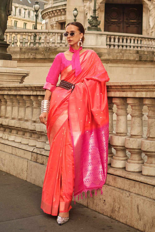 Katrina Silk Orange Block Print One Minute Saree