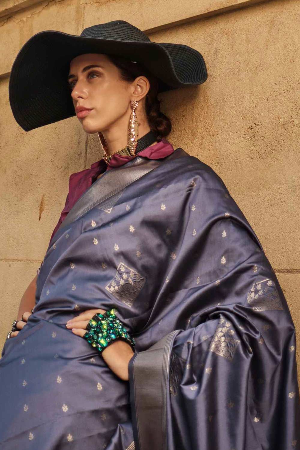 Katrina Silk Purple Block Print One Minute Saree