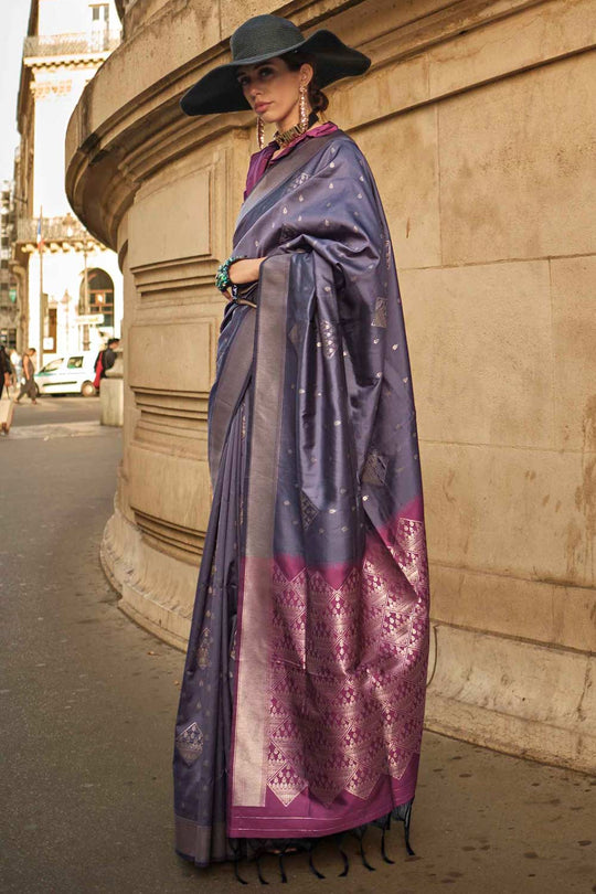 Katrina Silk Purple Block Print One Minute Saree