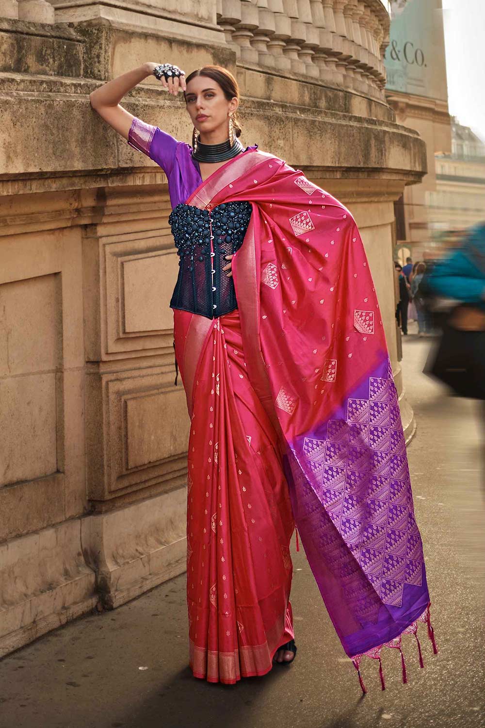 Katrina Silk Red Block Print One Minute Saree