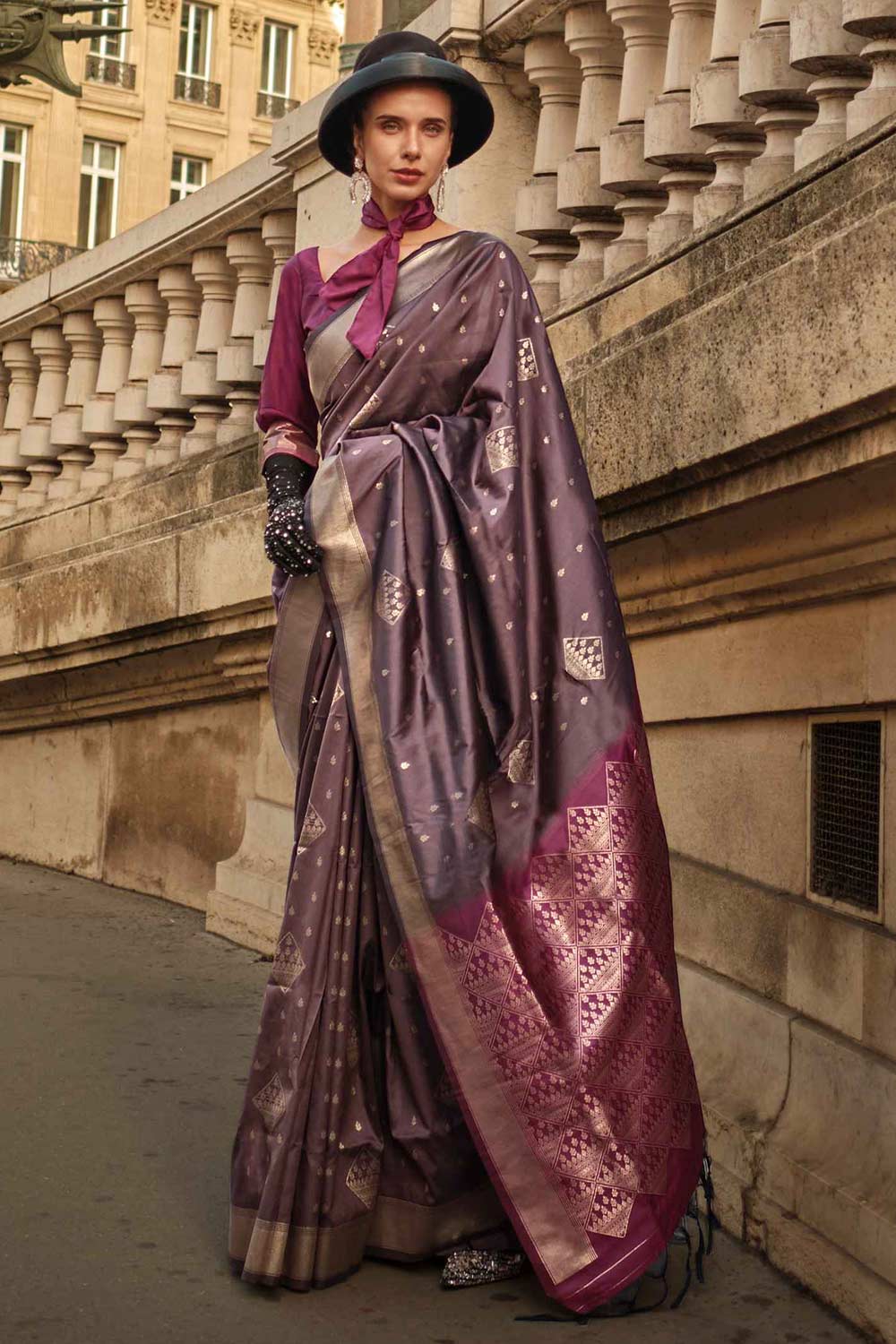 Katrina Silk Coffee Block Print One Minute Saree