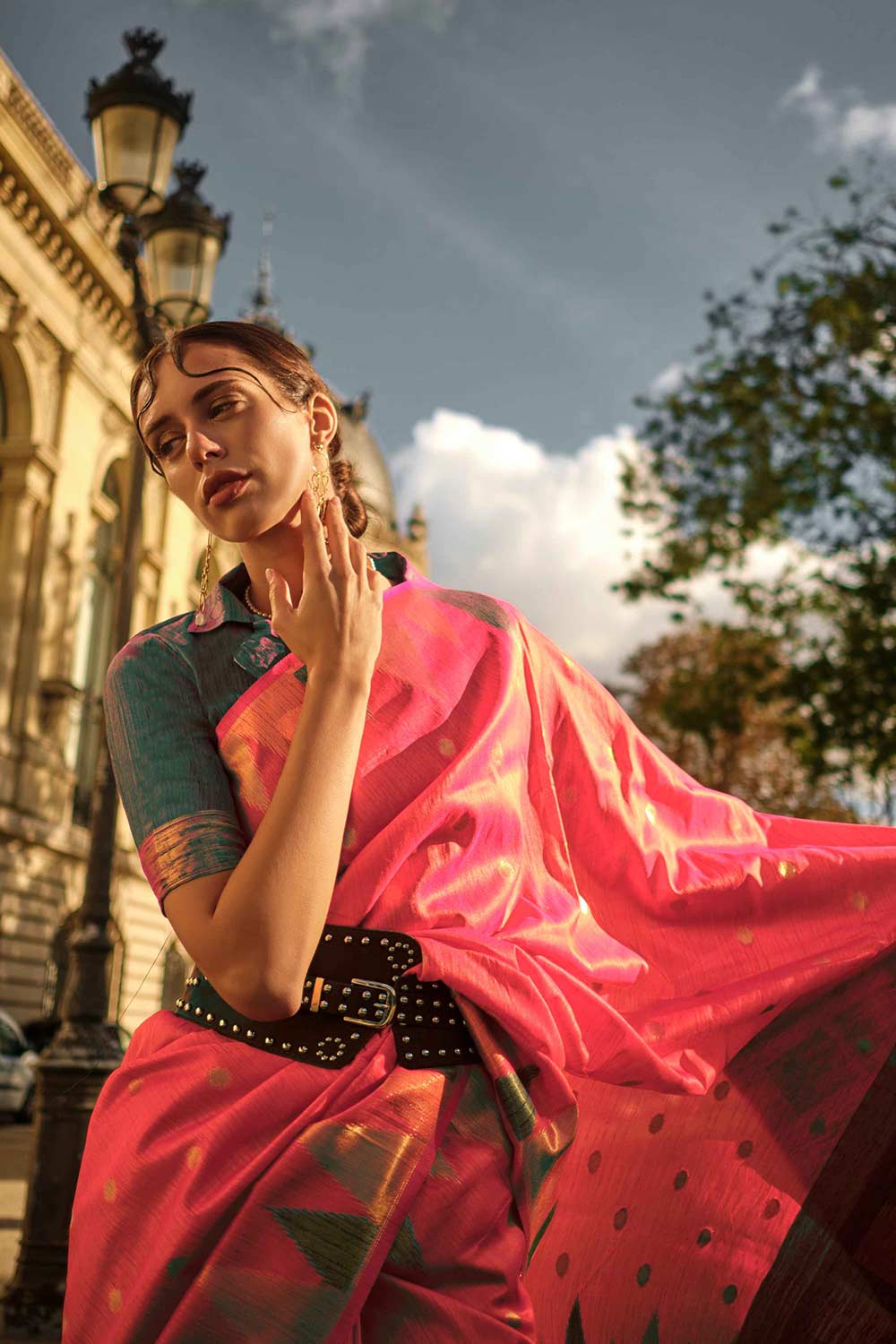 Anjum Silk Pink Block Print One Minute Saree