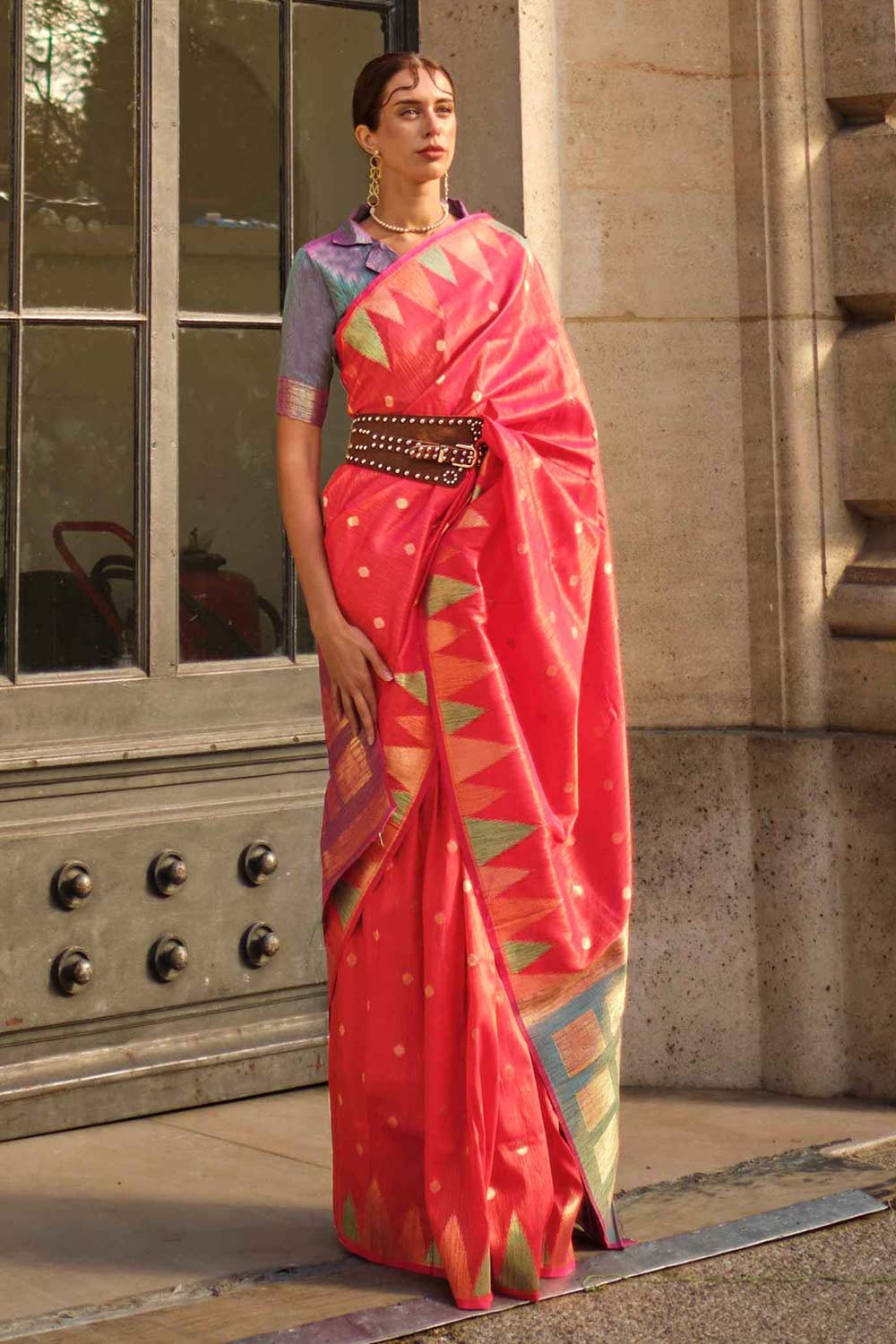 Anjum Silk Pink Block Print One Minute Saree