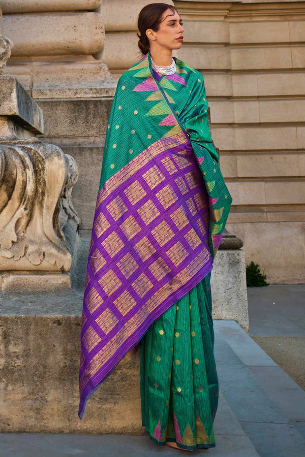 Anjum Silk Green Block Print One Minute Saree