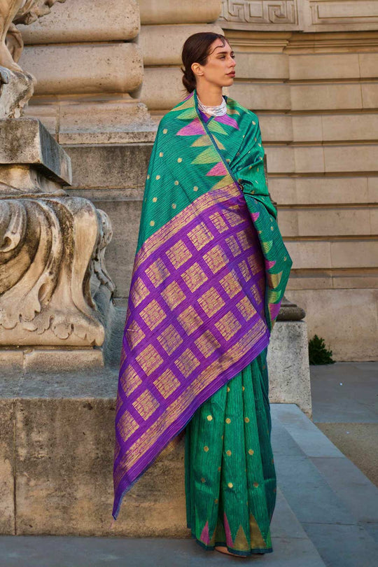 Anjum Silk Green Block Print One Minute Saree