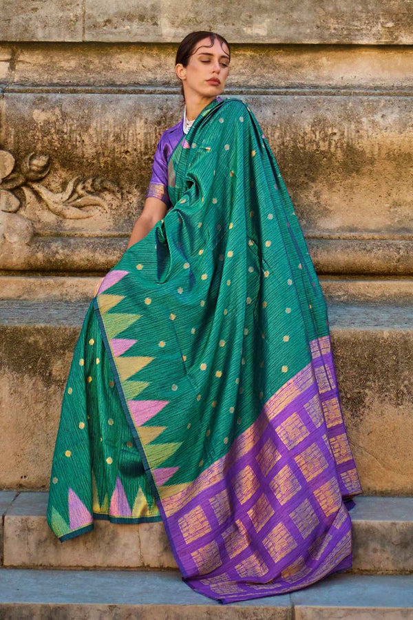 Anjum Silk Green Block Print One Minute Saree