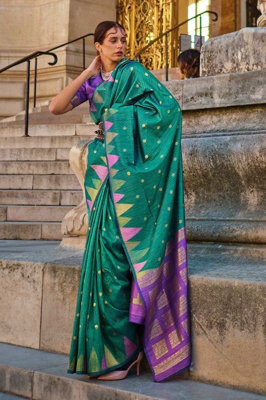 Anjum Silk Green Block Print One Minute Saree