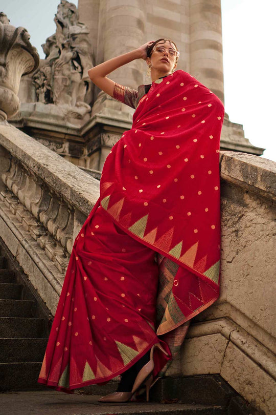 Anjum Silk Red Block Print One Minute Saree