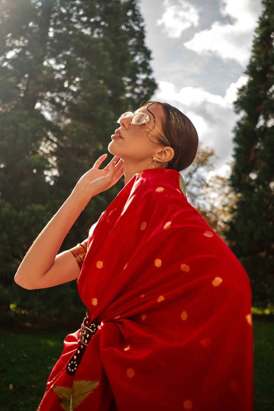 Anjum Silk Red Block Print One Minute Saree