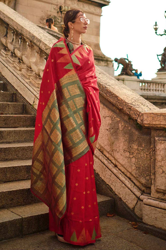 Anjum Silk Red Block Print One Minute Saree