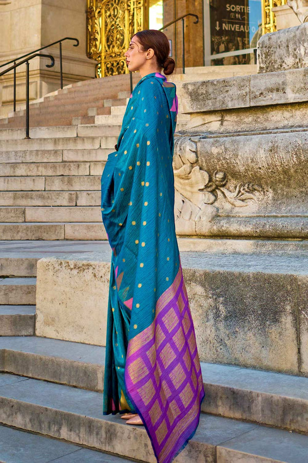 Anjum Silk Blue Block Print One Minute Saree