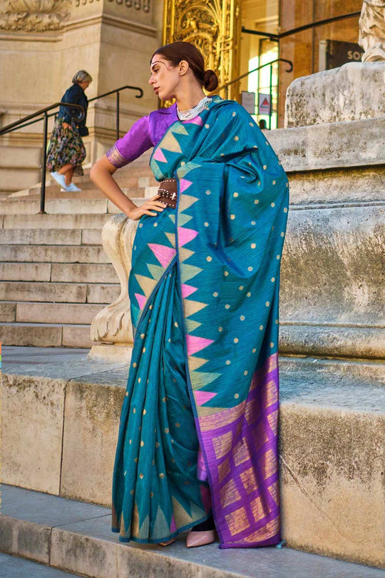 Anjum Silk Blue Block Print One Minute Saree
