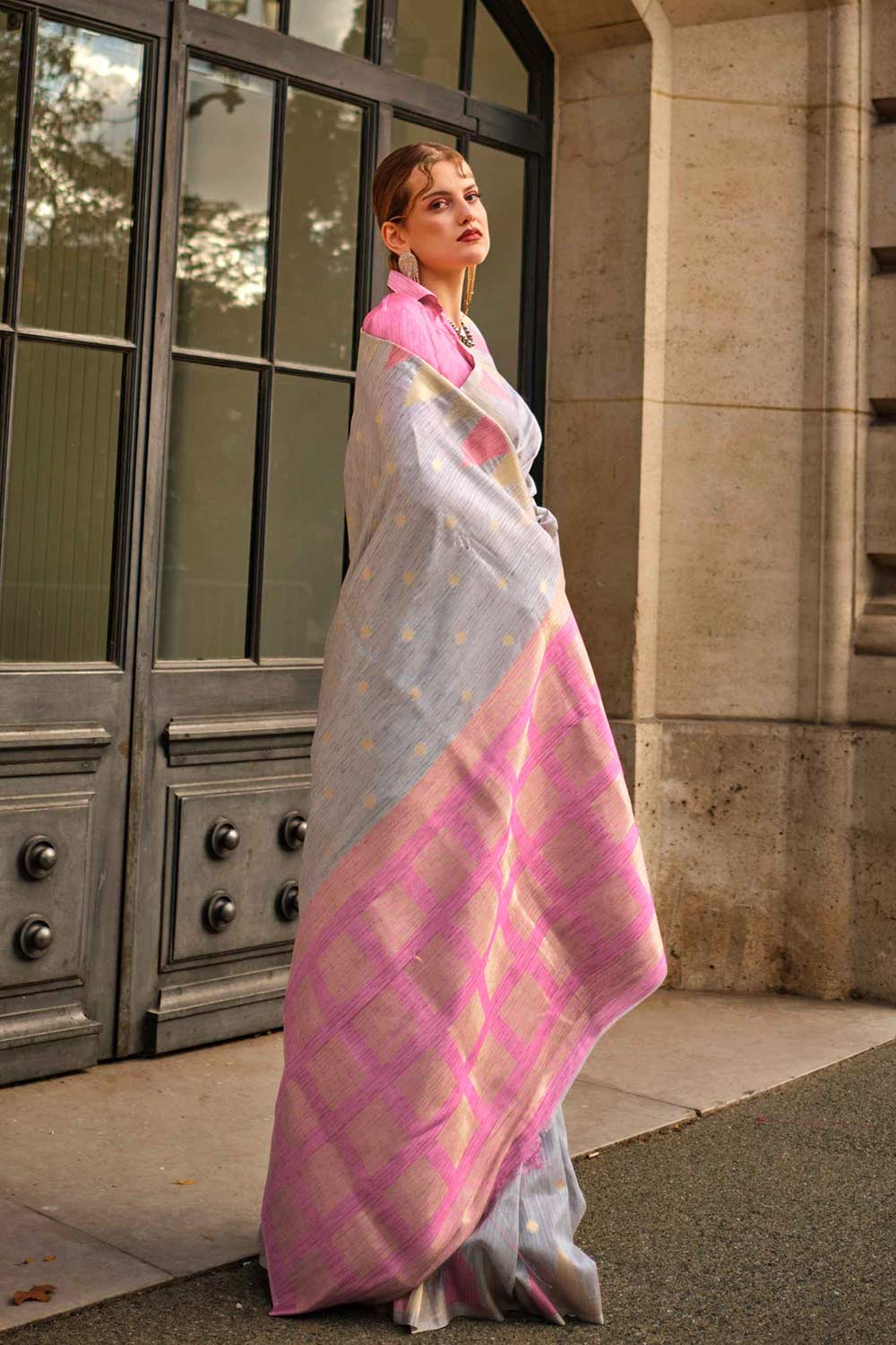 Anjum Silk Grey & Pink Block Print One Minute Saree