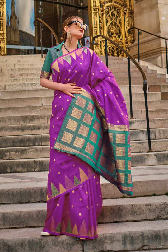 Anjum Silk Purple Block Print One Minute Saree