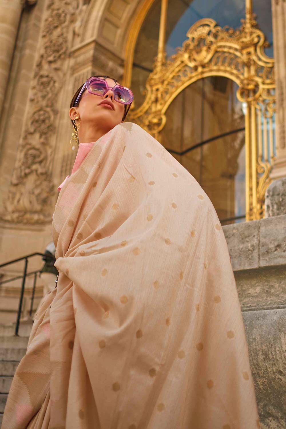 Anjum Silk White Block Print One Minute Saree