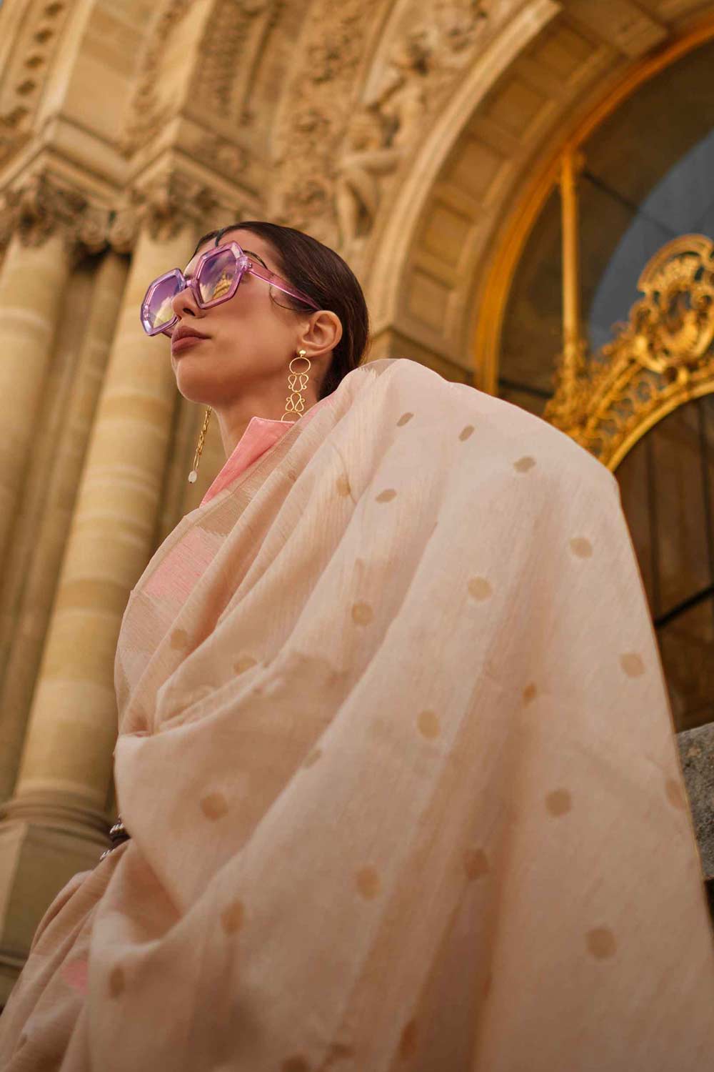 Anjum Silk White Block Print One Minute Saree