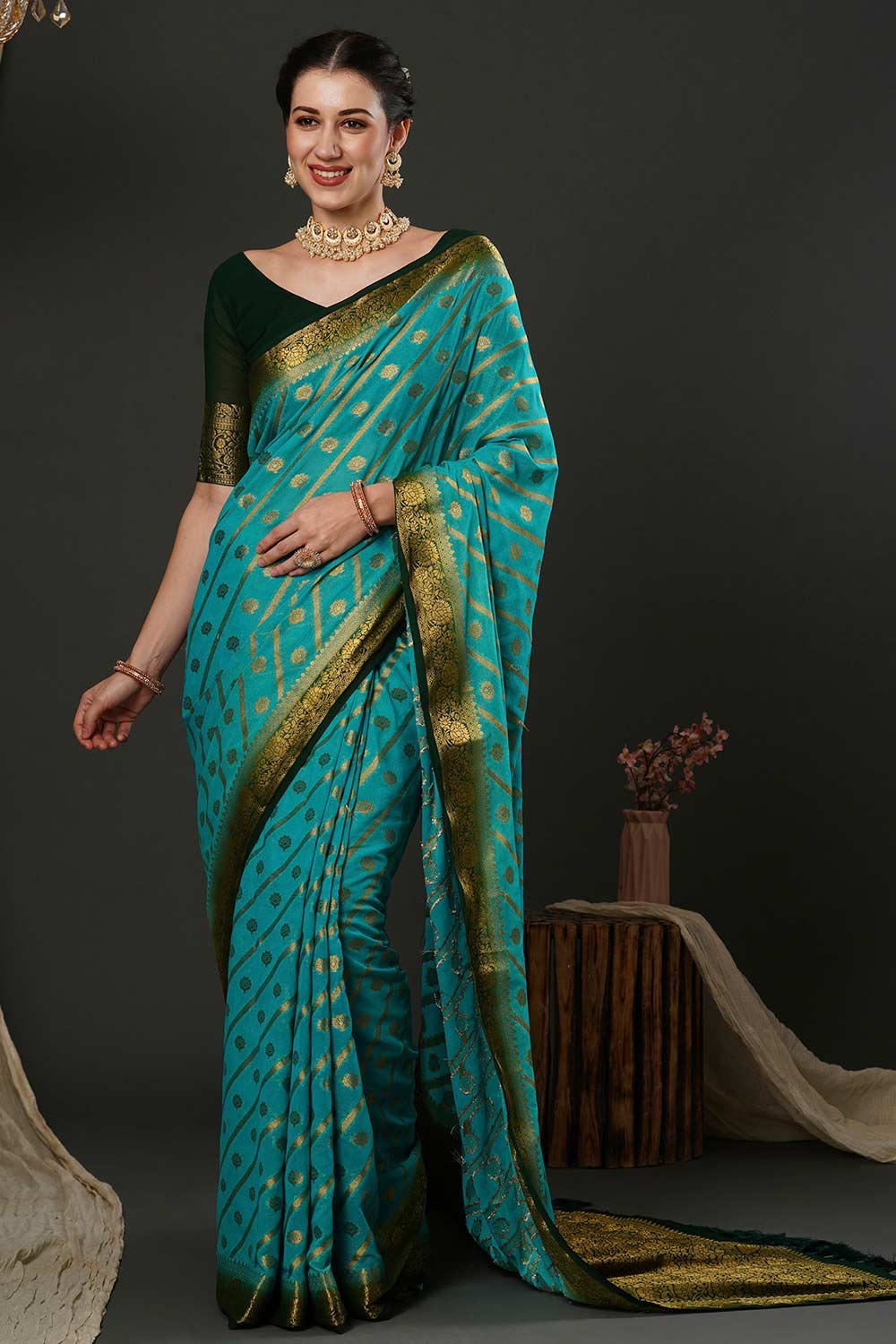 Prachi Teal Blue Georgette Kanjivaram One Minute Saree