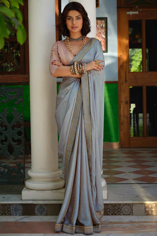 Buy Grey Art Silk Zari Lace Work Saree Online