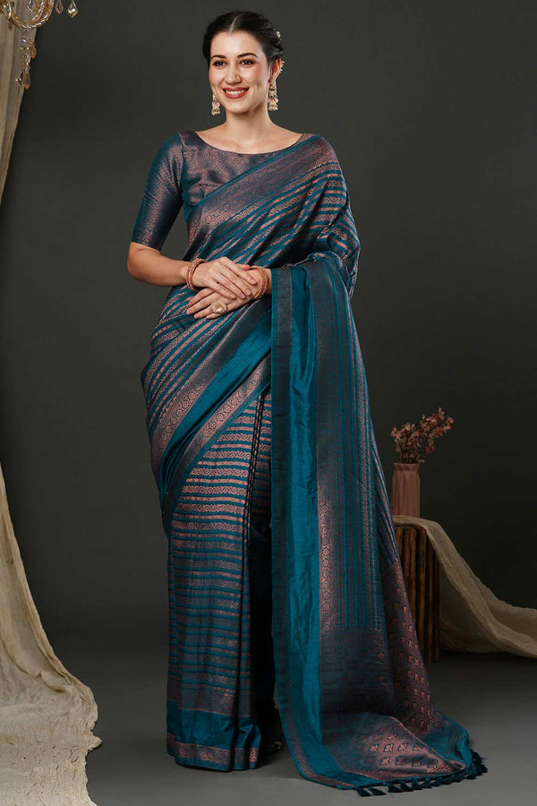 Paula Teal Blue Linear Motif Kanjivaram One Minute Saree