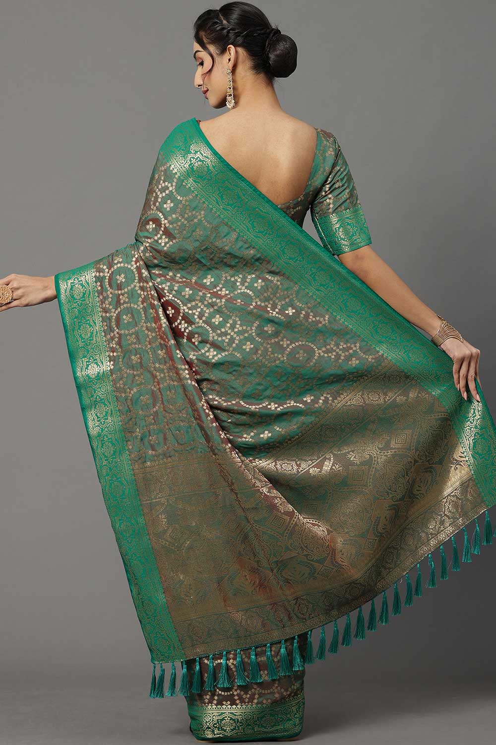 Buy Silk Blend Banarasi Saree in Teal green Online - Back