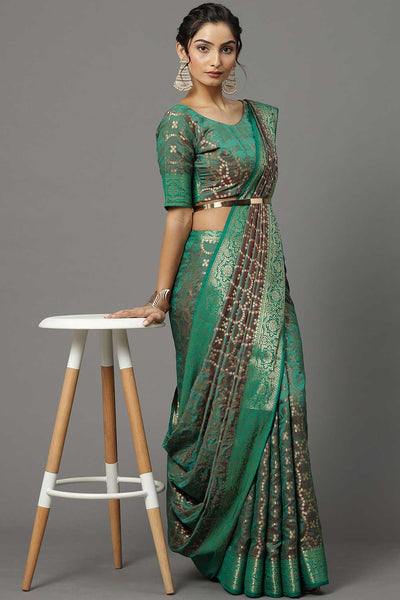 Buy Silk Blend Banarasi Saree in Teal green Online - Zoom In