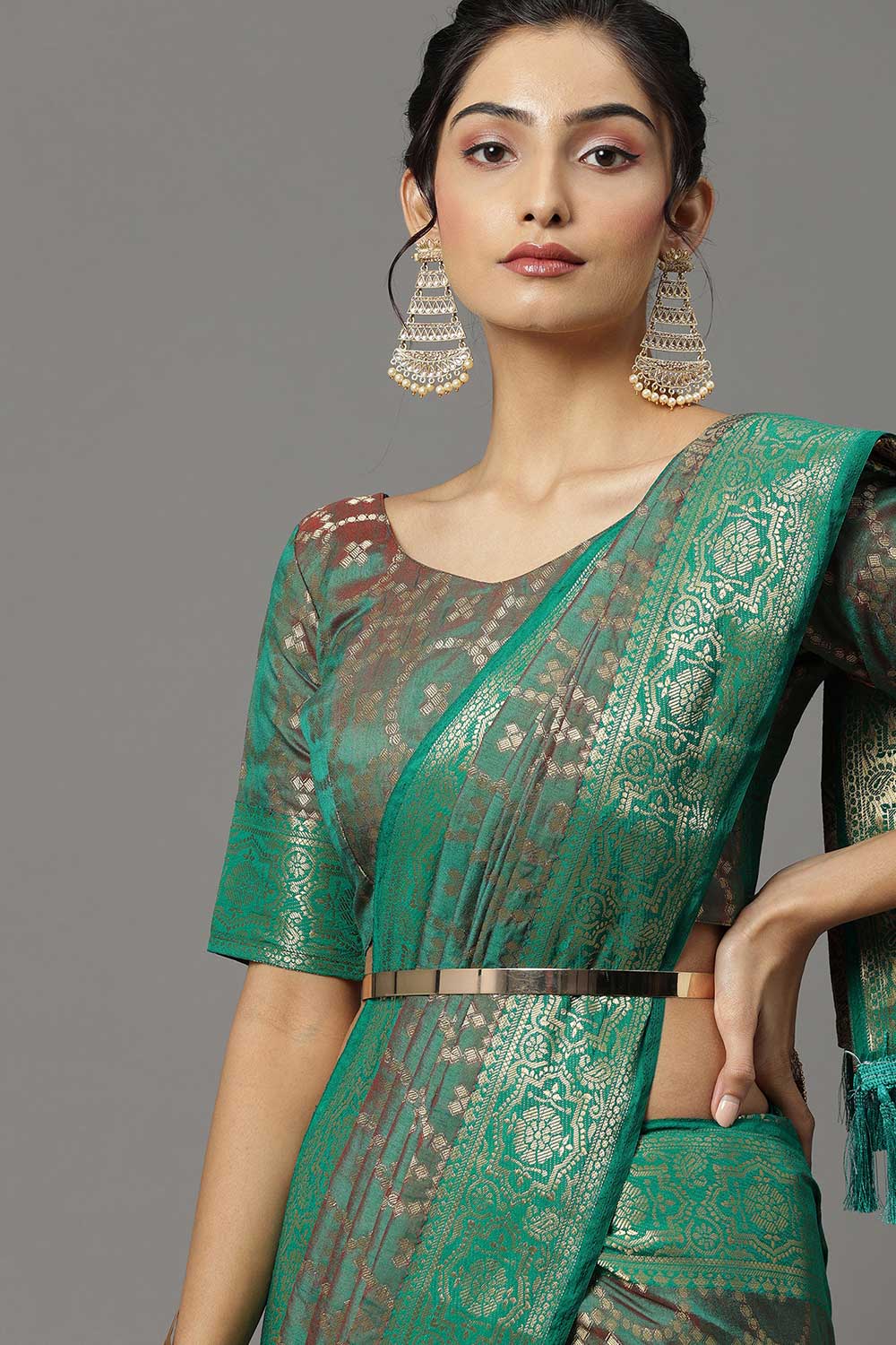 Buy Silk Blend Banarasi Saree in Teal green Online 