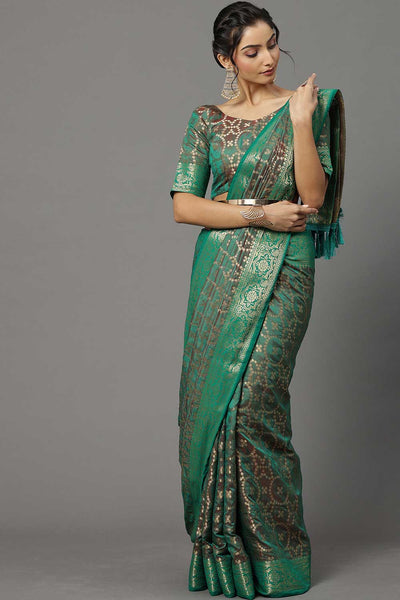 Buy Silk Blend Banarasi Saree in Teal green Online