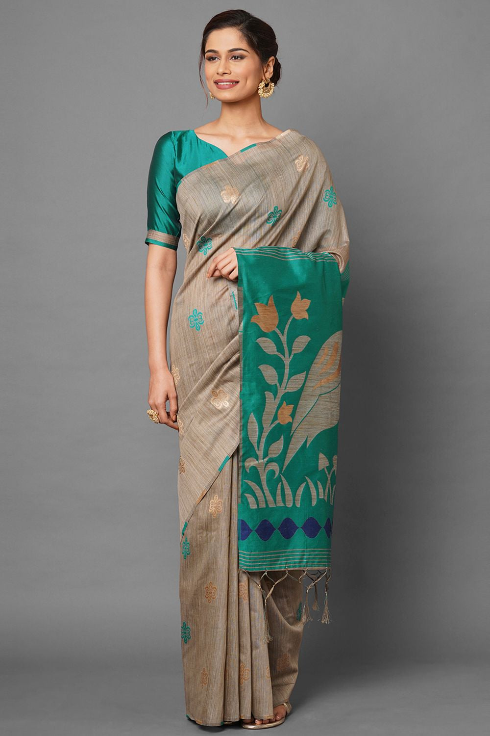 Buy Women's Beige Zari Silk Blend One Minute Saree