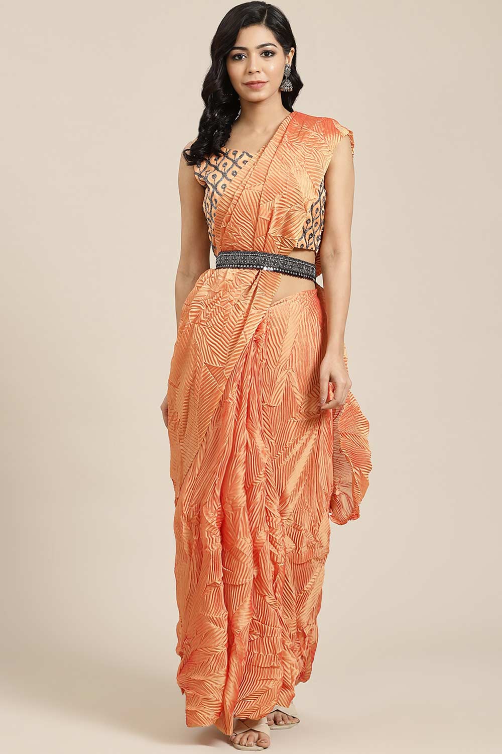 Buy Orange Georgette Pleated One Minute Saree Online
