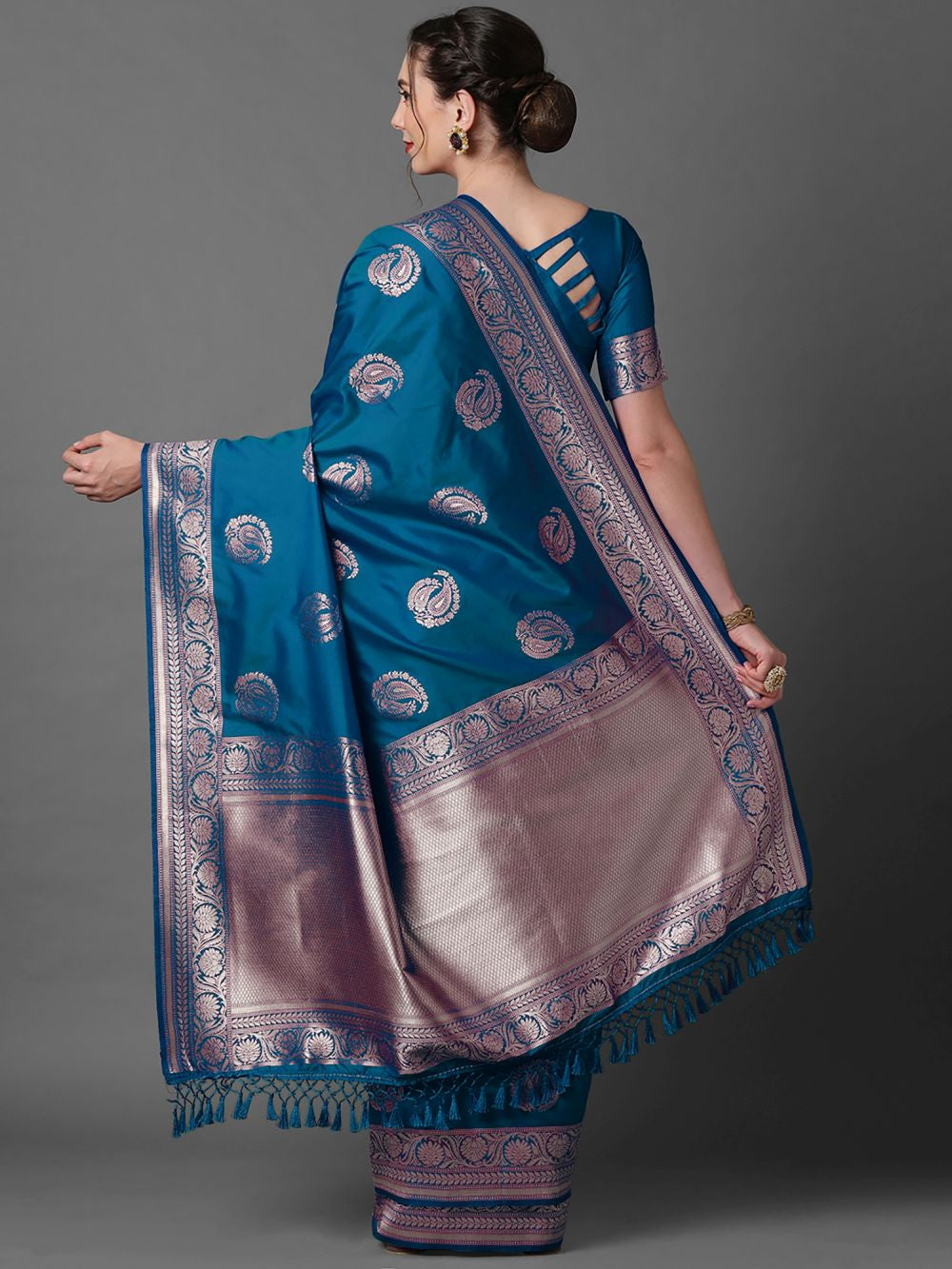 Paloma Blue Silk Blend Banarasi Floral One Minute Saree