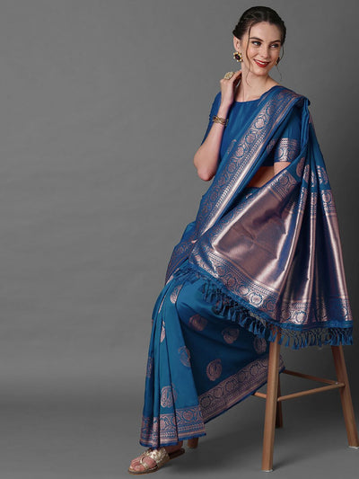 Paloma Blue Silk Blend Banarasi Floral One Minute Saree