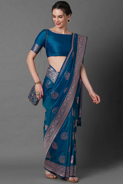 Paloma Blue Silk Blend Banarasi Floral One Minute Saree