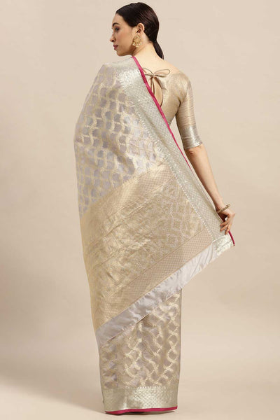 Buy Silk Blend Banarasi Saree in Grey Online - Back