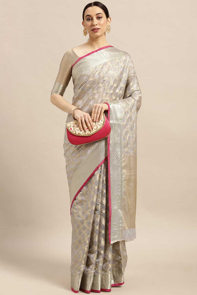 Buy Silk Blend Banarasi Saree in Grey Online - Zoom In