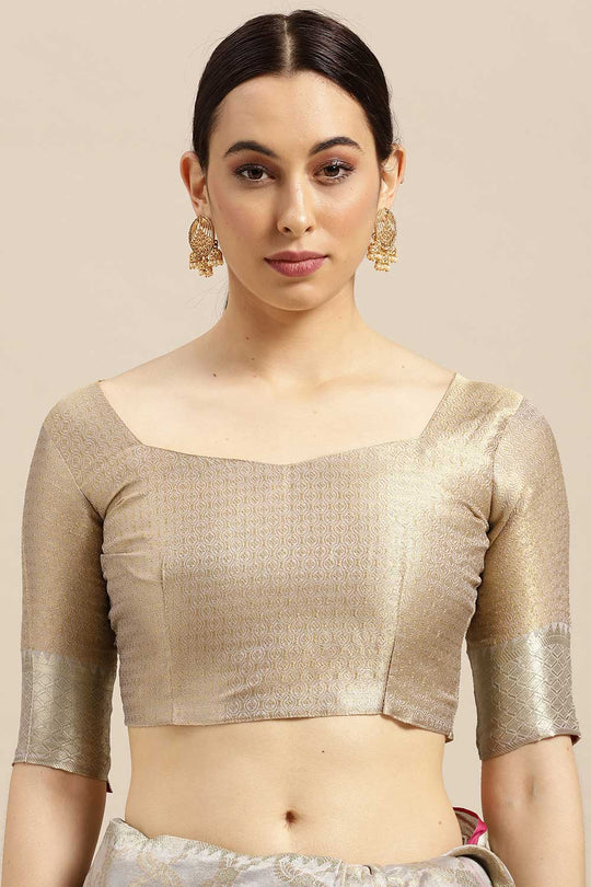 Buy Silk Blend Banarasi Saree in Grey Online 