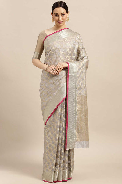 Buy Silk Blend Banarasi Saree in Grey Online